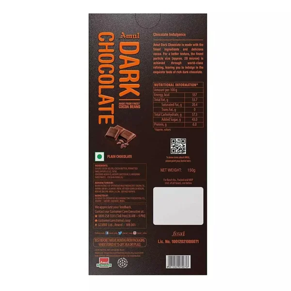 Amul Dark Chocolate Bar Cocoa 150g - Image 2