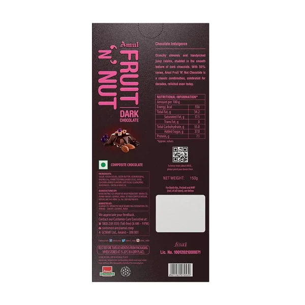 Amul Dark Chocolate Bar Fruit N Nut 150g - Image 2