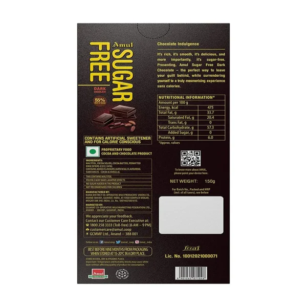 Amul Dark Chocolate Sugar Free 150g - Image 2