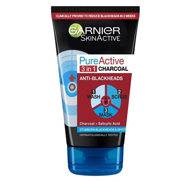 Garnier Pure Active 3 in 1 Charcoal Anti Blackhead Wash Scrub & Mask 150ml