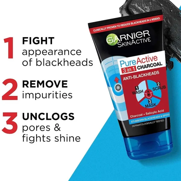 Garnier Pure Active 3 in 1 Charcoal Anti Blackhead Wash Scrub & Mask 150ml - Image 3