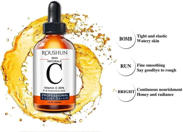 Roushun Skin Naturals Vitamin C 20 Percent E And Hyaluronic Acid Facial Serum 30ml - Image 3